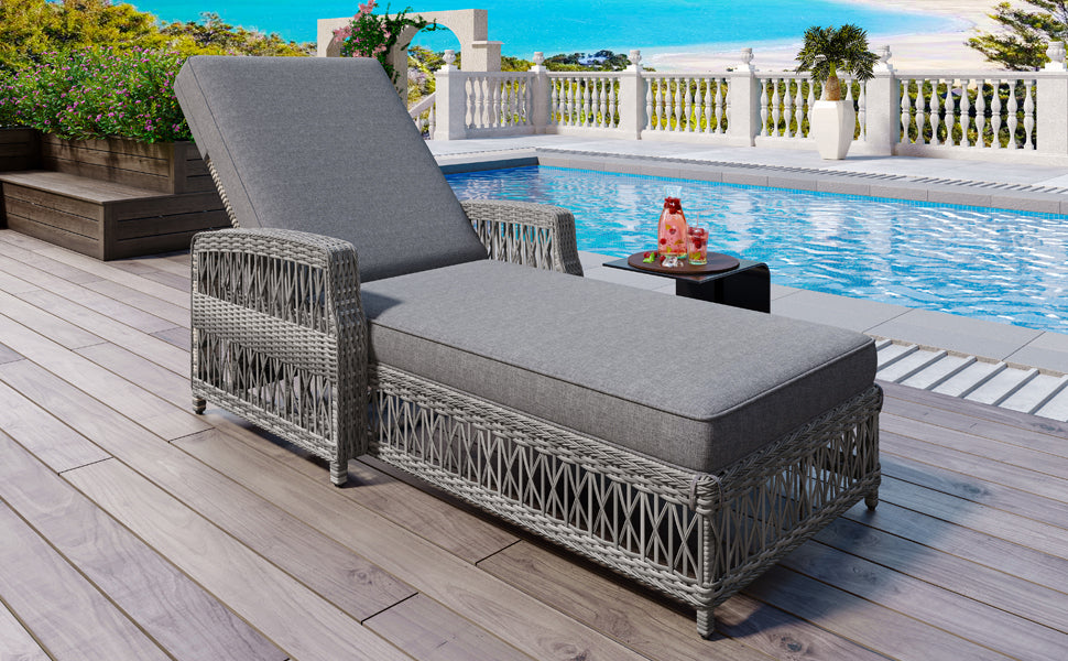 Outdoor Long Reclining Chaise, Wicker Lounge with Armrests, Patio