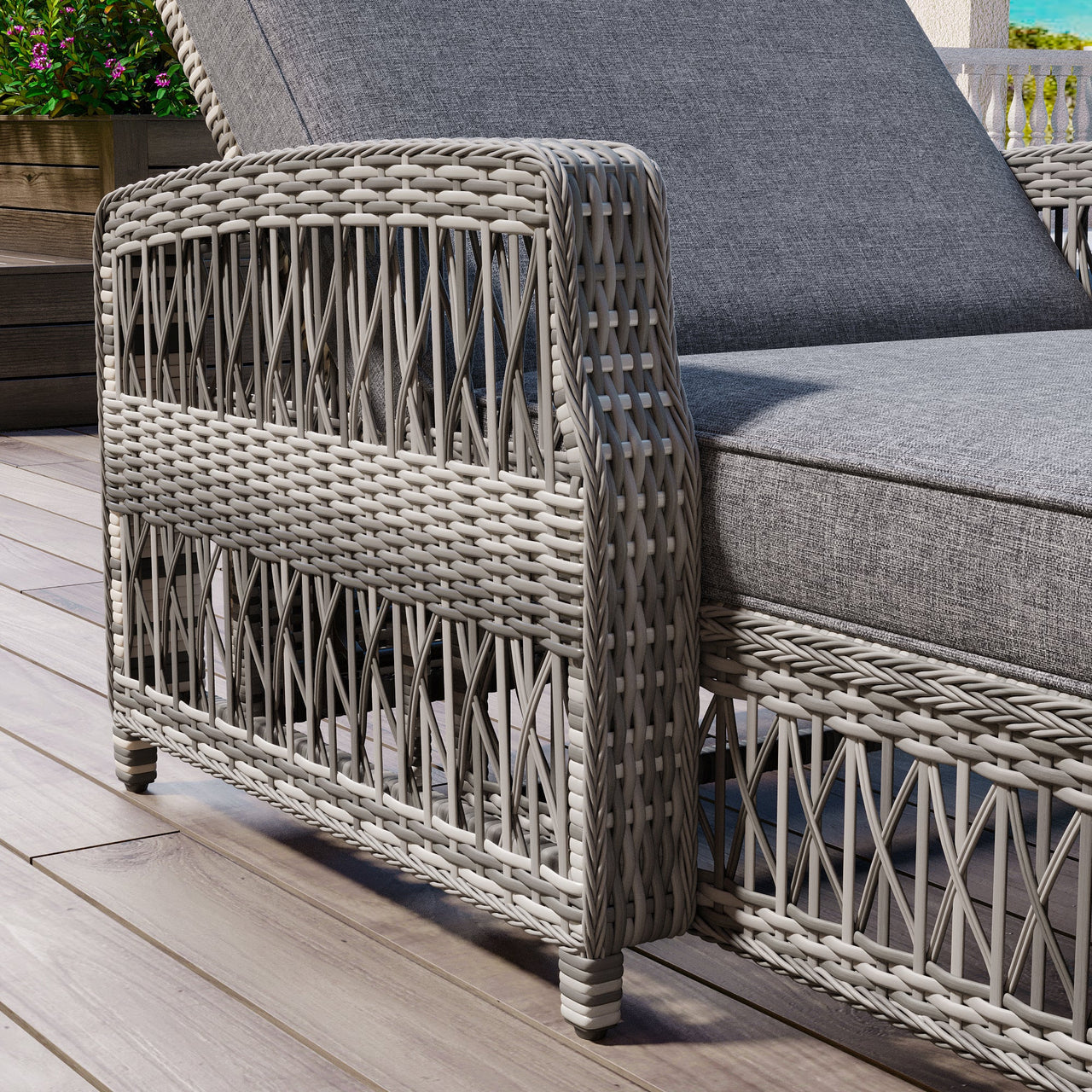 Outdoor Long Reclining Chaise, Wicker Lounge with Armrests, Patio