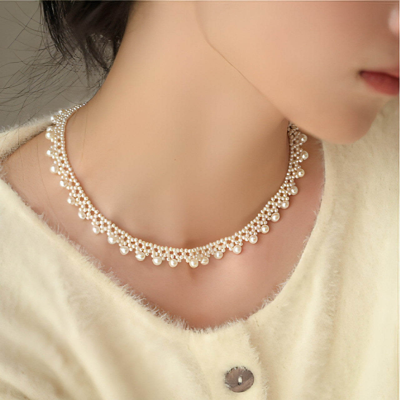 Lace Vintage Multilayer Round Lady Pearl Necklace 18K Gold Adjustable